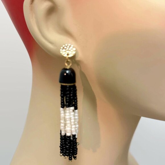 Tassel Earrings, Black, White, Gold, Vintage, Pierced, 2 3/4" Long, Dangle - Picture 2 of 4